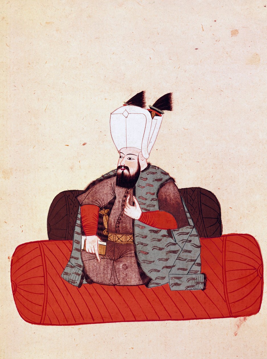 صورة للسلطان عمورات الثالث (أو مراد الثالث) (1574-1595) منمنمة من مخطوطة Cicogna من القرن التاسع عشر (1828) بعد نسخة أصلية من القرن السابع عشر (1671). البندقية ، مكتبة مارسيانا بواسطة فنان غير معروف