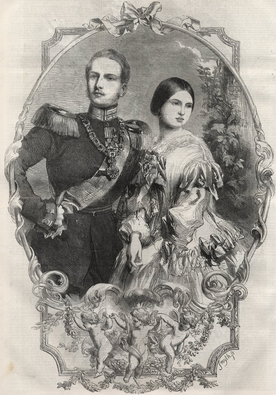 صورة لأصحاب السمو الملكي الأميرة فيكتوريا (1840-1901) (الملكة فيكتوريا) وولي العهد فريدريك وليام بروسيا (1831-1888). نقش من 1858. بواسطة فنان غير معروف