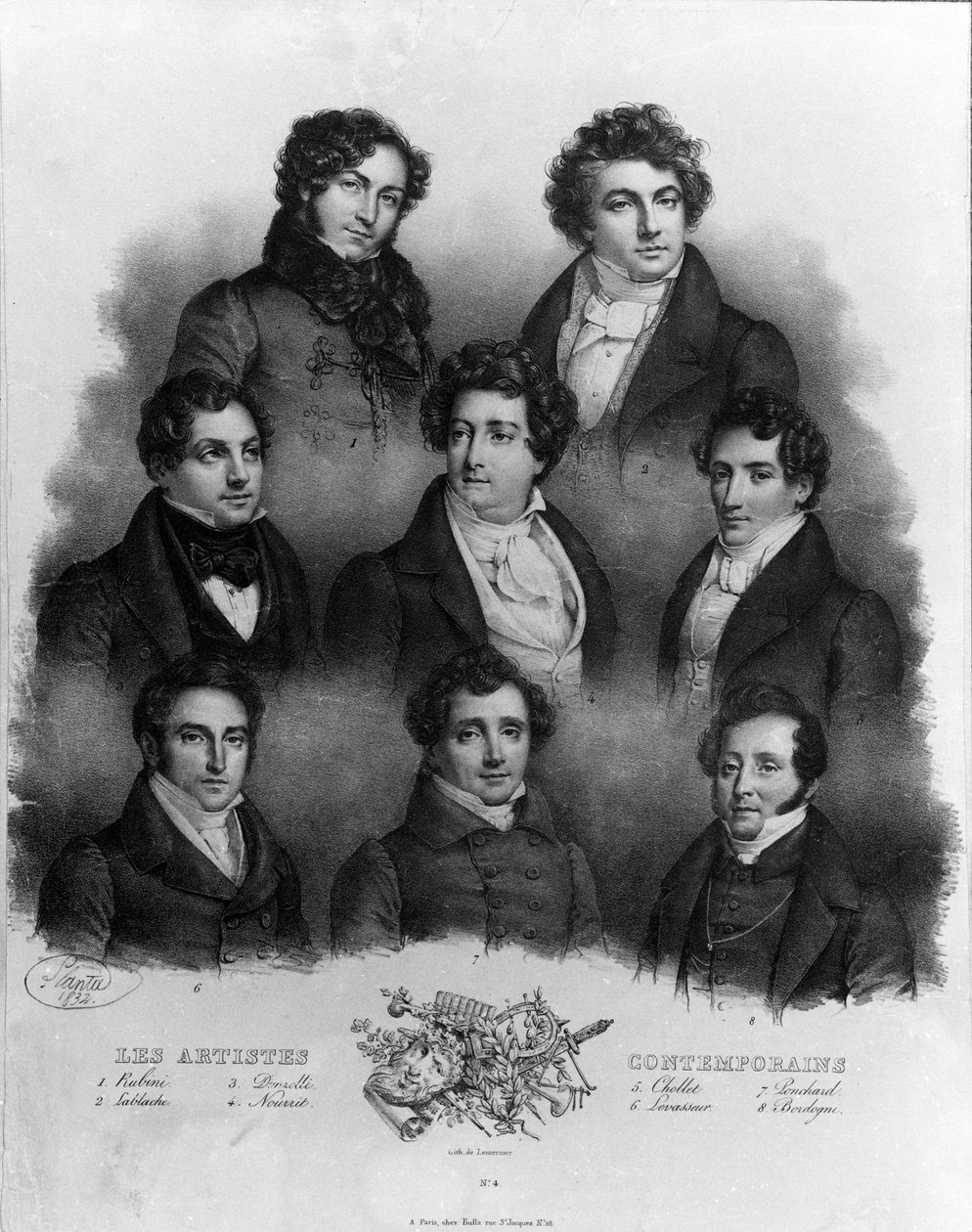 صورة لمغني أوبرا مختلفين: 1 جيوفاني باتيستا روبيني (1794-1854) 2 لويجي لابلاش (1794-1858) 3 دومينيكو دونزيللي (1790-1873) 4 أدولف نوريت (1802-1839) 5 تشوبلت ؛ 6- نيكولاس بوثر ليفاسور (Le Vasseur) (1791-1871) 7 لويس أنطوان بونشارد بواسطة فنان غير معروف