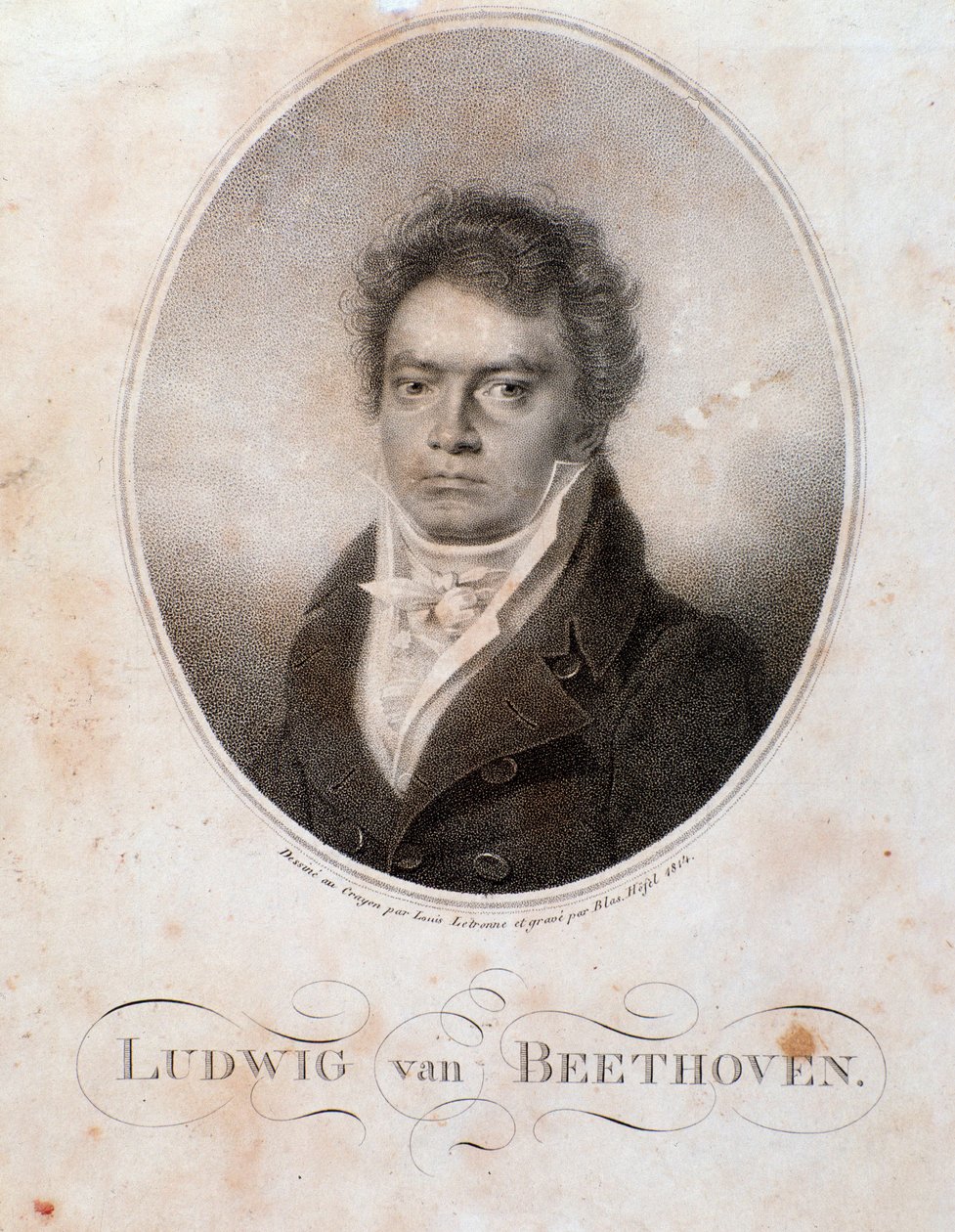 صورة للملحن الألماني لودفيج فان بيتهوفن (1770-1827) نقش. القرن ال 19. بولونيا ، المتحف المدني للموسيقى الببليوغرافية بواسطة فنان غير معروف