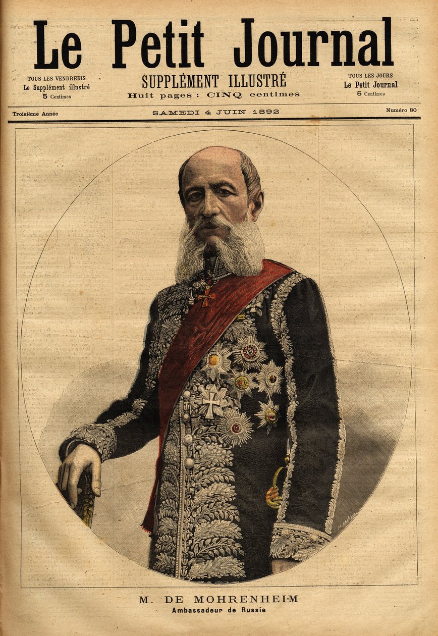 صورة شخصية لبارون مورينهايم ، السفير الروسي في فرنسا من 1884 إلى 1898. نقش في "" مجلة Le Petit "" 4/06/1892. مجموعة سيلفا. بواسطة فنان غير معروف