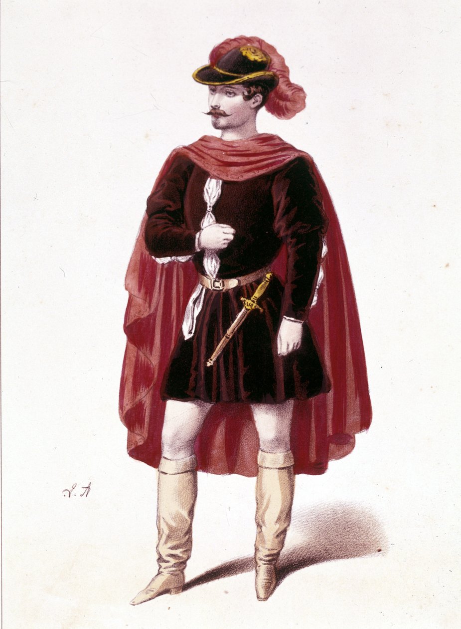 صورة للتينور الفرنسي لويس غيمار (1822 - 1880) في دور هنري في الفصل الأول من "أنا فسبري سيسيلياني" (صقلية الفيبريس) لجوزيبي فيردي بواسطة فنان غير معروف
