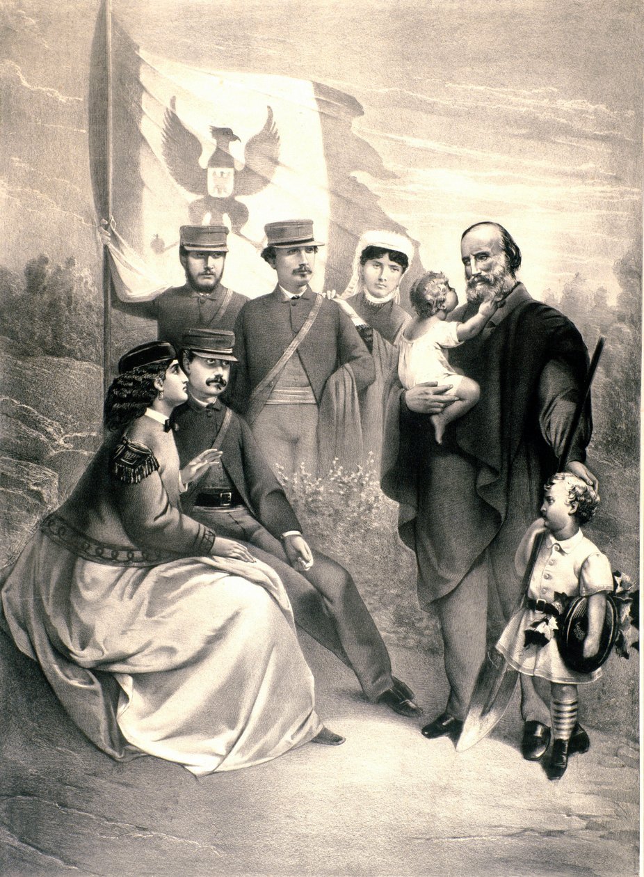 صورة للوطني الإيطالي وأبطال Risorgimento جوزيبي غاريبالدي (1807-1882) تحيط بأطفاله مينوتي وريتشيوتي واقفًا وتيريسيتا وفرانشيسكا أرموسينو والصغير مانليو وكليليا. رسم توضيحي حوالي عام 1870. مجموعة خاصة بواسطة فنان غير معروف
