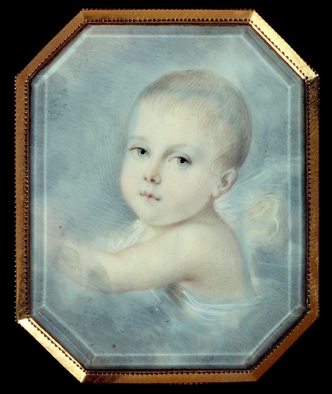 صورة لملك روما بيب (1811-1832) ، ابن الإمبراطور نابليون الأول (1769-1821) ونابليون الثاني المستقبلي. ميدالية مثمنة مجهولة من القرن التاسع عشر. ألوان مائية تحت الزجاج. باريس ، Musee De La Legion d'Honneur بواسطة فنان غير معروف