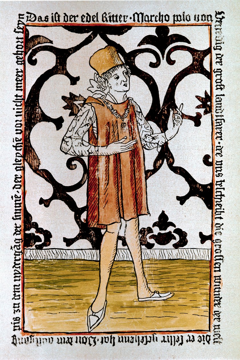 صورة للمستكشف الفينيسي ماركو بولو (1254-1324) صورة مقدمة من الطبعة الأولى من "" Il Milione: The Book of Merveillles "" ("" Devisement du monde ") نورمبرغ بواسطة فنان غير معروف