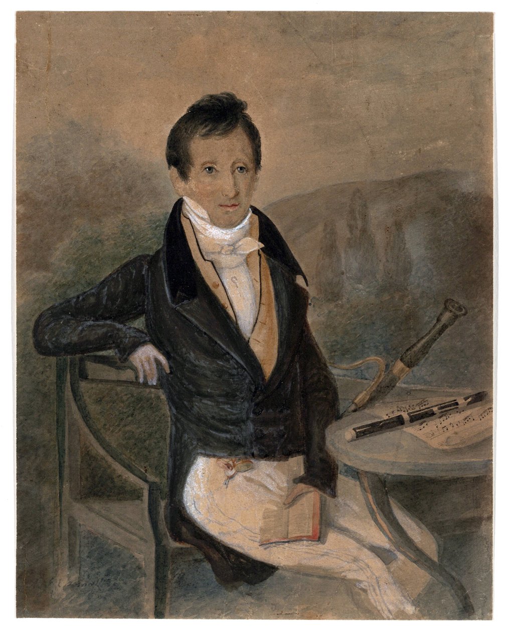 صورة لعازف الفلوت جان لويس تولو (1786-1865) على قدم المساواة مجهول ، ج. 1840 - ألوان مائية وأبيض على ورق ، 20،6 × 16،2 - مجموعة خاصة بواسطة فنان غير معروف