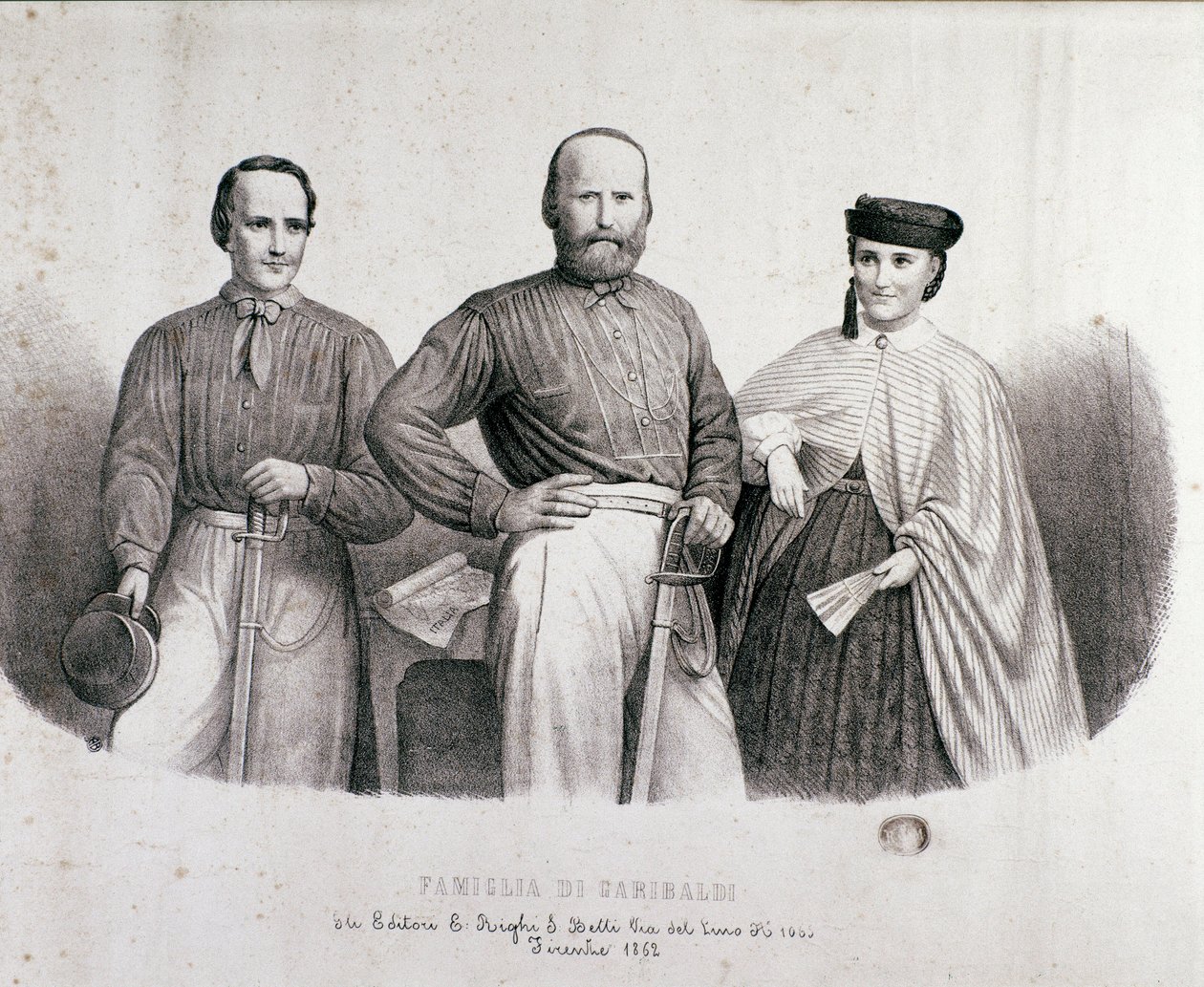 صورة للوطني وأبطال Risorgimento جوزيبي غاريبالدي (1807-1882) بين تيريسيتا وابنته وزوجته ستيفانو كانزيو. مطبوعات حجرية من 1862 مجموعة خاصة بواسطة فنان غير معروف