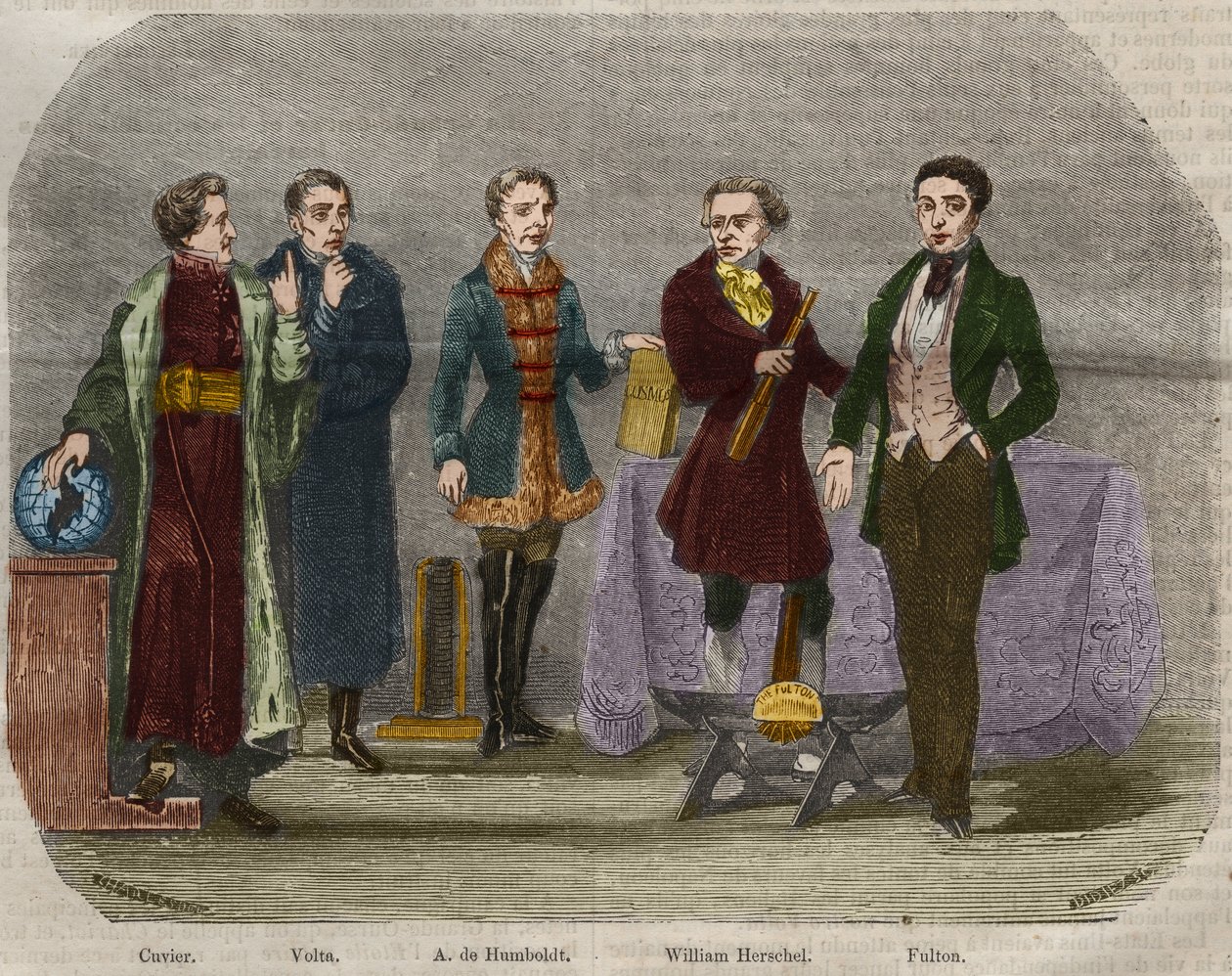 صور العلماء جورج كوفييه (1764-1832) ، أليساندرو (ألكسندر) فولتا (1745-1827) ، ألكسندر فون همبولت (ألكسندر دي هومبولت) بواسطة فنان غير معروف