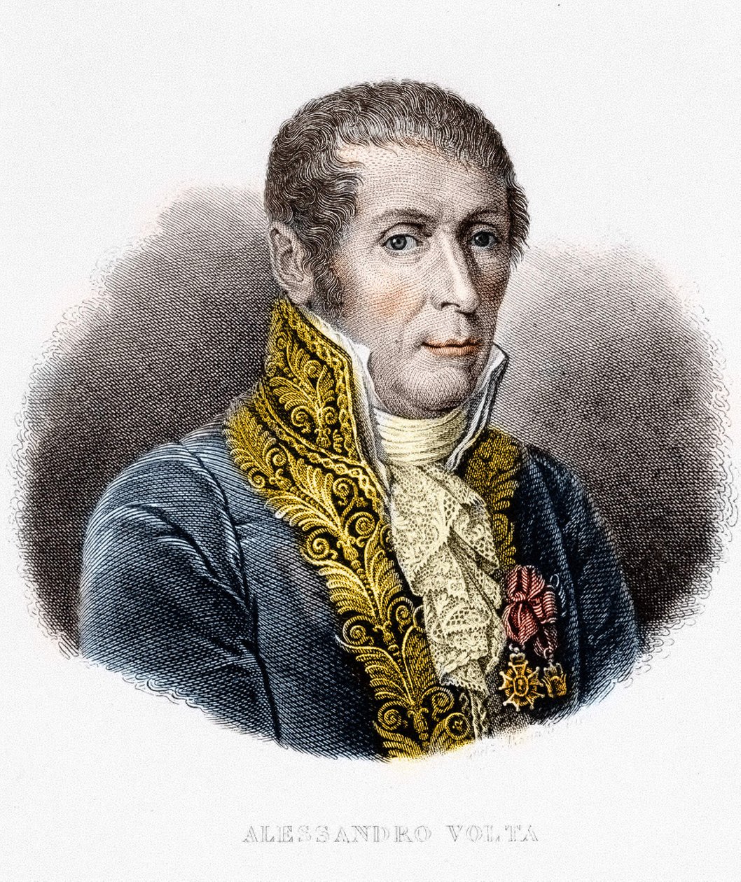 Portrat de Alessandro (Alexandre) Volta (1745 - 1827). فيزيائي إيطالي مخترع البطارية الكهربائية. نقش القرن التاسع عشر بواسطة فنان غير معروف