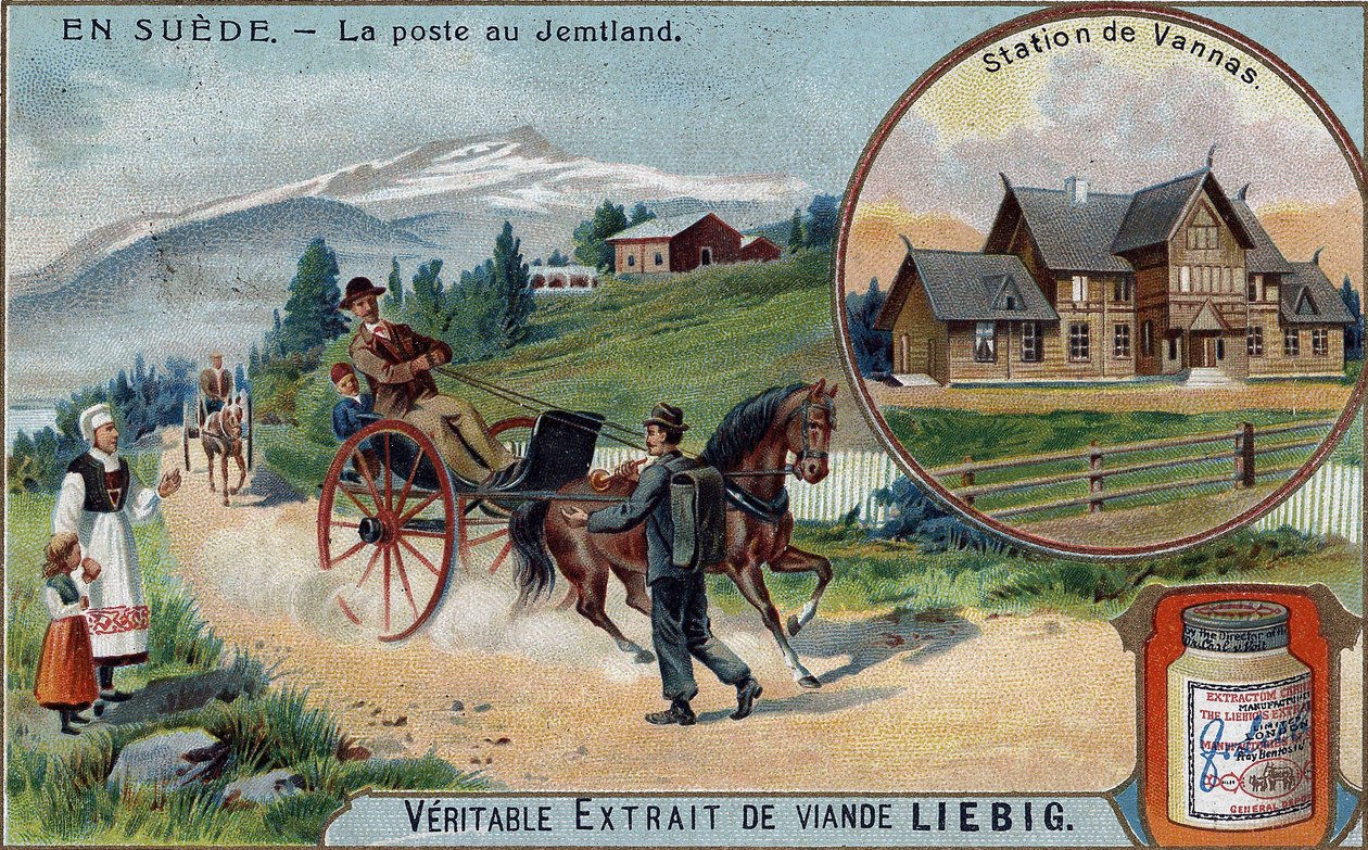 البريد وساعي البريد في Jemtland ، السويد. Chromolithography ، صورة Liebig. بواسطة فنان غير معروف