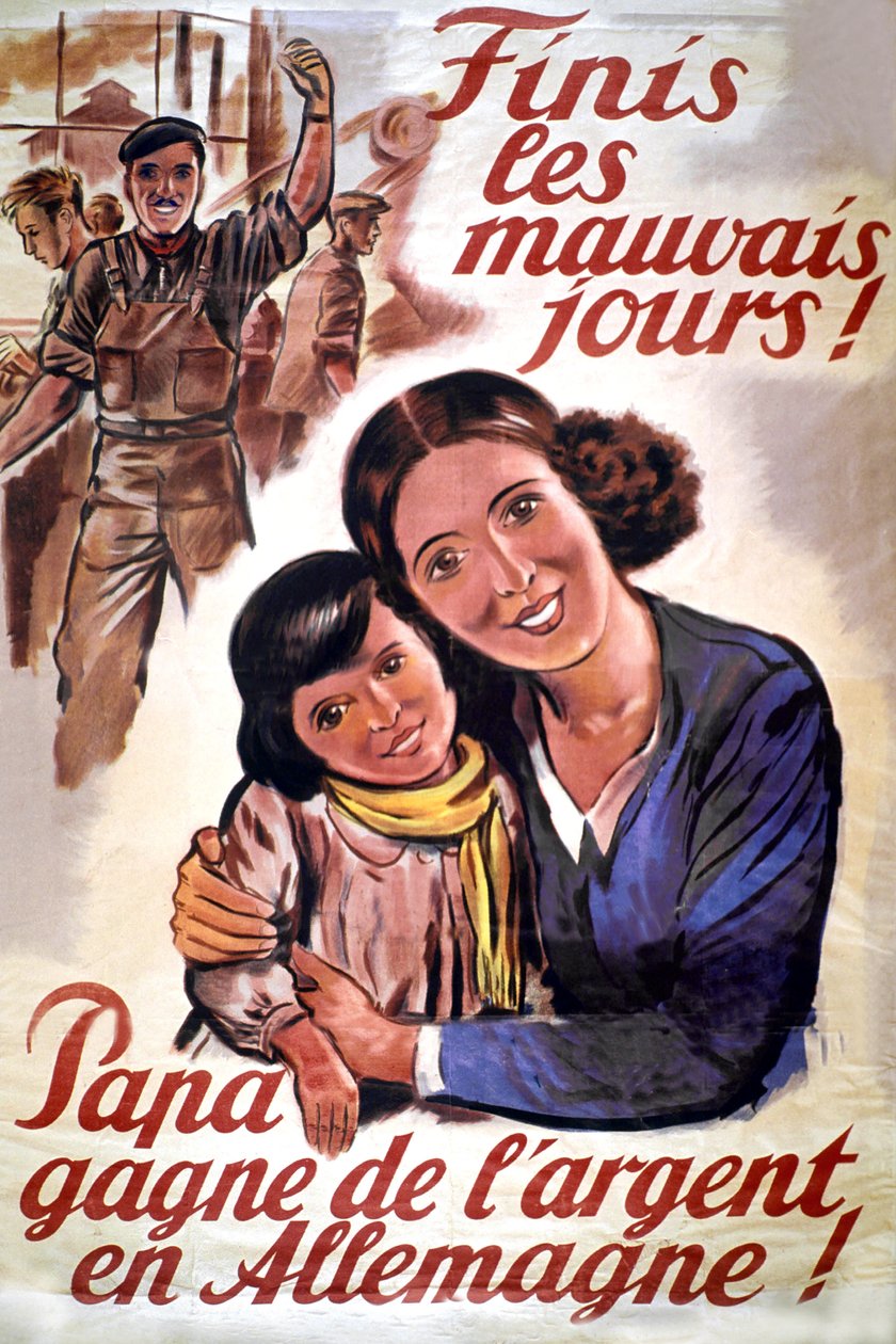 ملصق لمنظمة STO (منظمة العمل الإجباري) أثناء الاحتلال الألماني لفرنسا، حوالي عام 1943 (مطبوع) بواسطة فنان غير معروف