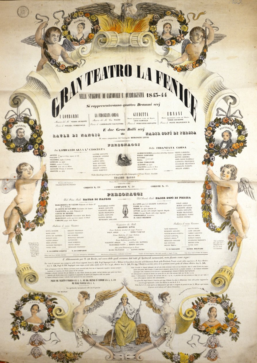 ملصق لأداء أوبرا "عايدة" للملحن الإيطالي جوزيبي فيردي (1813-1901) للأداء في مسرح لا فينيس في البندقية في 1843-1844. بواسطة فنان غير معروف