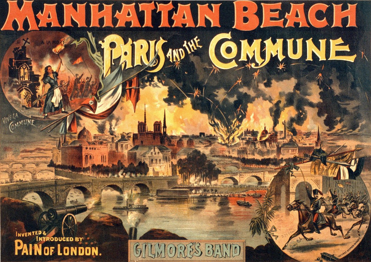 ملصق لعرض "Paris et la Commune" على شاطئ مانهاتن بواسطة Gilmores Band، sd. حوالي عام 1891. بواسطة فنان غير معروف