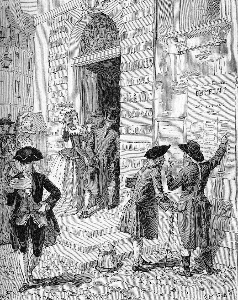 الملصق الذي وضعه الوزير والمراقب المالي العام تشارلز ألكسندر (تشارلز ألكسندر) دي كالون (1734-1802) يشجع على الحصول على قرض. نقش القرن التاسع عشر. في "هيستوار دو فرانس" لجول ميشليه بواسطة فنان غير معروف