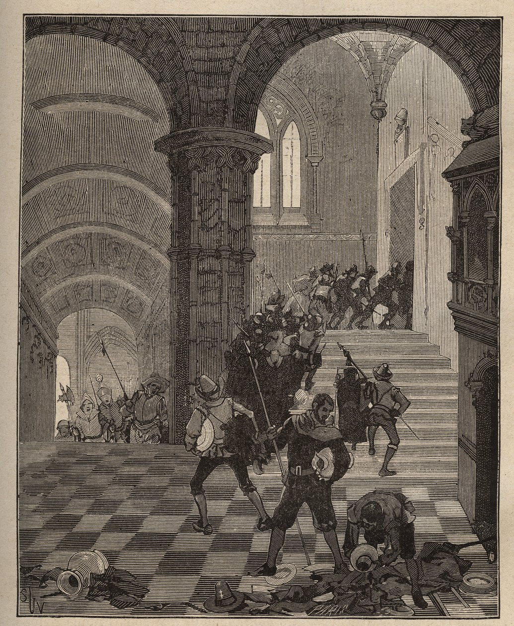 الفخار: تدمير مصنع "Henri II" أثناء نهب قلعة Oiron (Deux Sevres) عام 1568 أثناء العصبة. نقش من عام 1885 في "" Les Arts et metiers Illustres "" لأدولف بيتارد. بواسطة فنان غير معروف