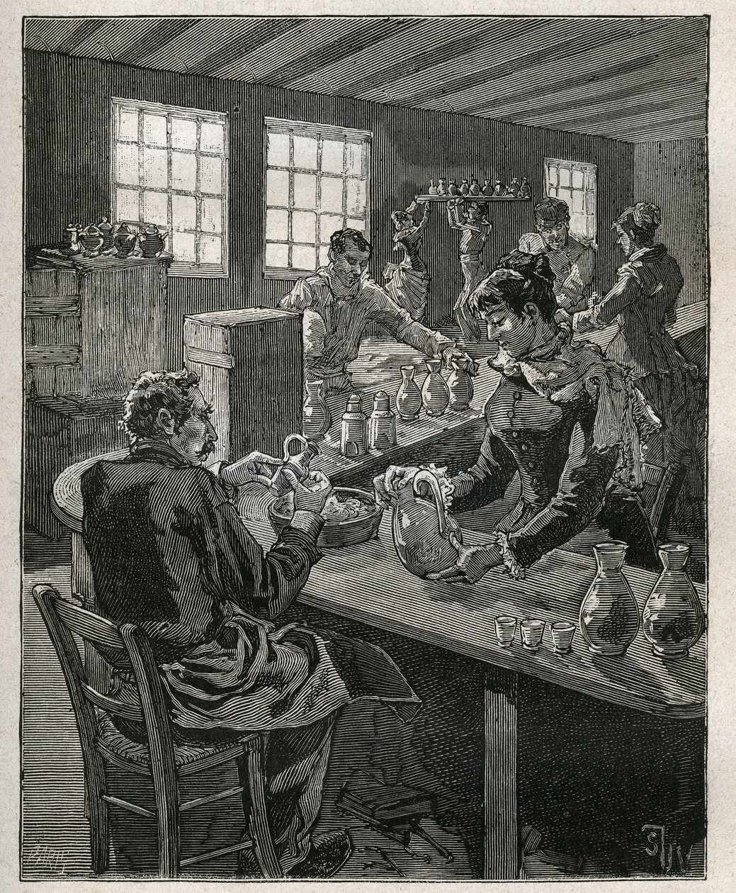 الفخار: ملء الفخار. نقش من عام 1885 في "" Les Arts et metiers Illustres "" لأدولف بيتارد. بواسطة فنان غير معروف