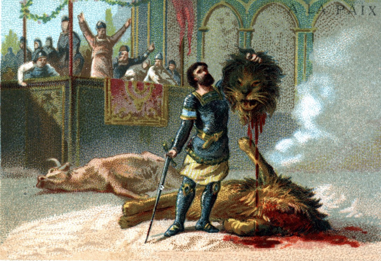 Pépin le Brief (715-768) ، ملك الفرنجة ، يحارب أسدًا وثورًا خلال الأعياد التي أقيمت للاحتفال بتتويجه عام 751. بواسطة فنان غير معروف