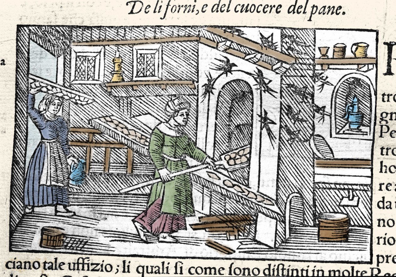 تحضير الخبز وخَبزه في الفرن. نقش بواسطة Olaus Magnus (1490-1557) ، ديني وجغرافي سويدي ، "Historia de Gentis Septentrionalibus" ، البندقية بواسطة فنان غير معروف