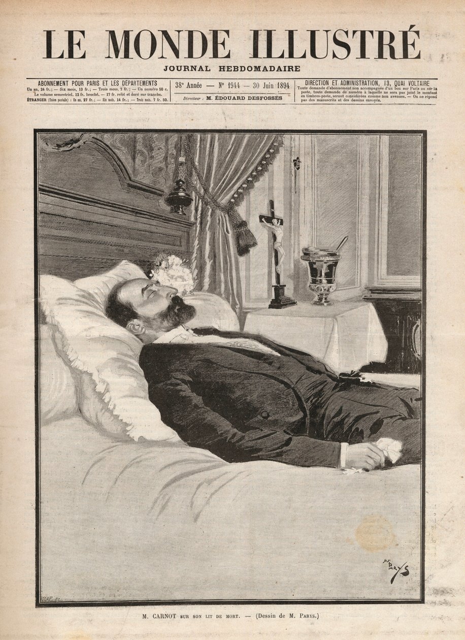 رئيس الجمهورية سادي كارنو (1837-1894) على فراش الموت ، في سياق التحريض النقابي والفوضوي ، اغتيل في 24 يونيو في معرض ليون ، على يد سانتي كاسيريو (1873-1894) وما بعده. نقش في "Le monde اللامع" "f بواسطة فنان غير معروف
