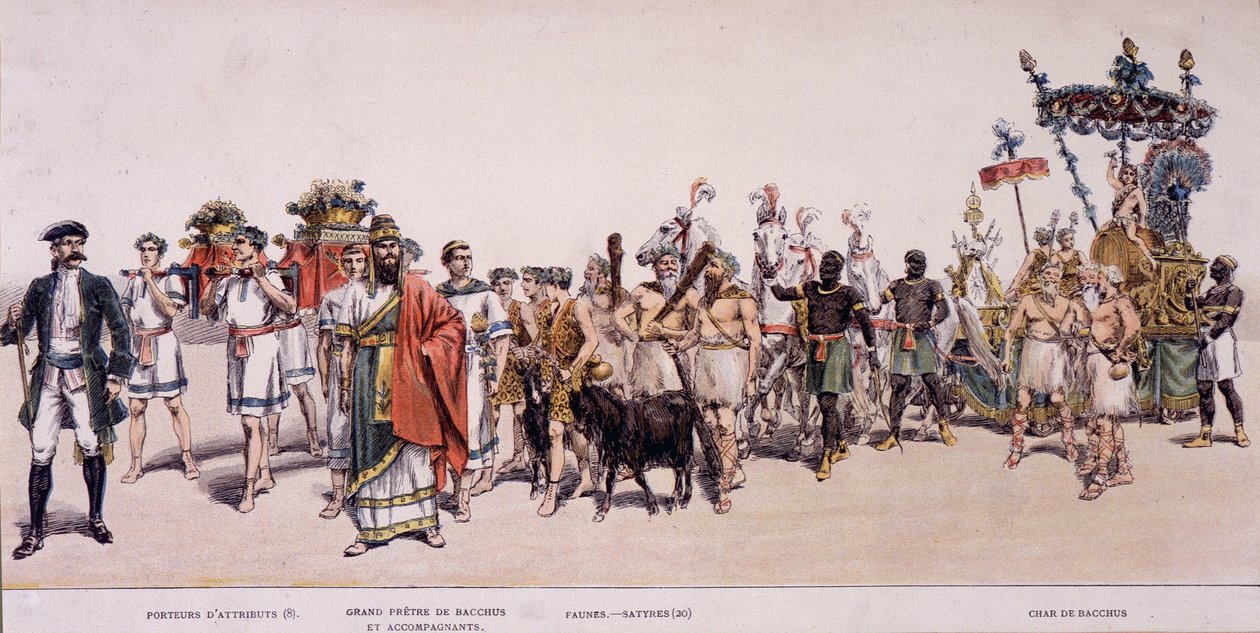 موكب الحاصدين وعربة باخوس (باكو) - في "" الألبوم الرسمي لمهرجان صانعي النبيذ "" بواسطة فنان غير معروف
