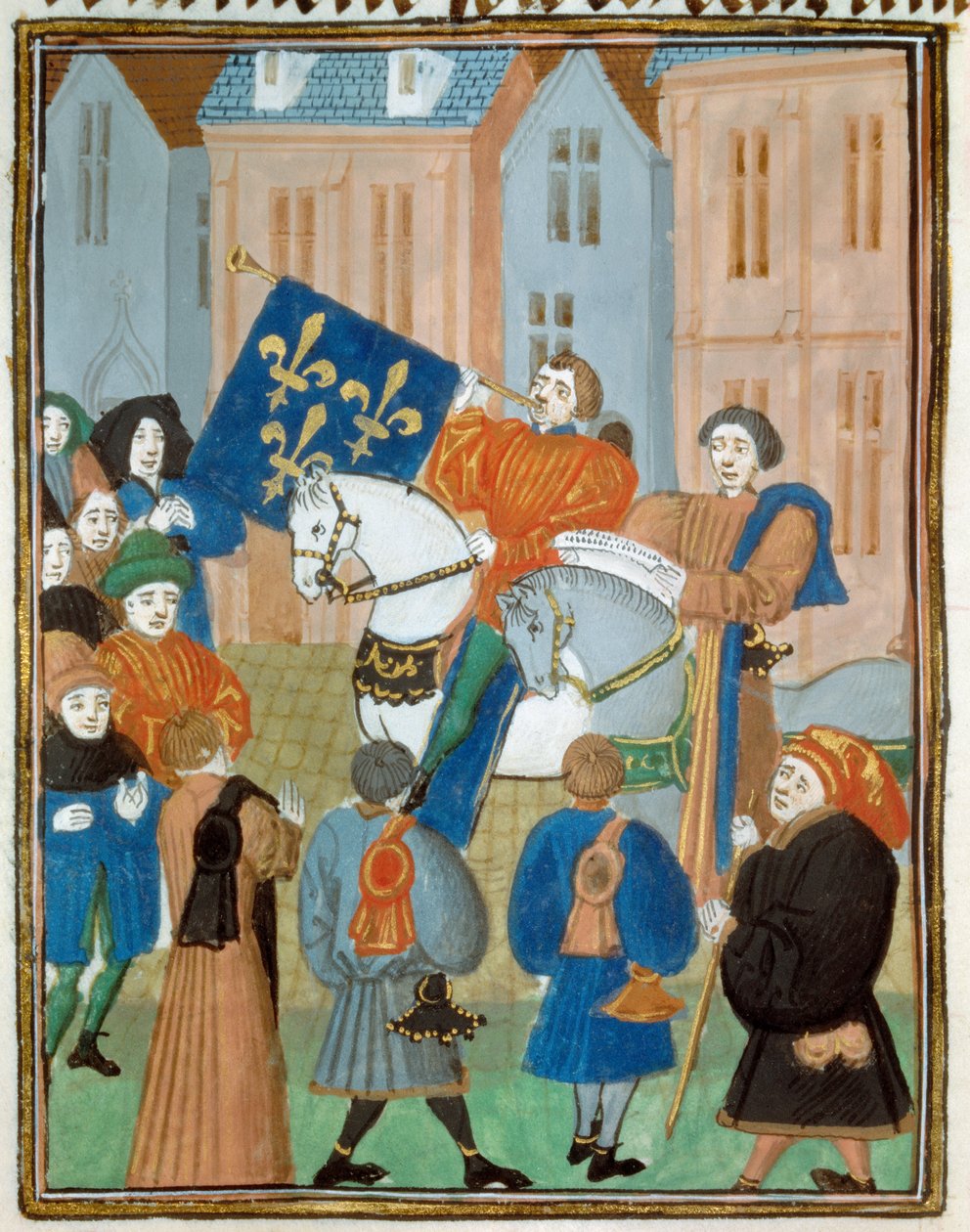 إعلان السلام في ريمس في 2 أكتوبر 1435 بعد توقيع معاهدة أراس بين الملك تشارلز السابع ودوق بورغندي فيليب الثالث ، والتي أنهت الحرب الأهلية بين أرماجناك والبورجونديين. صورة مصغرة من "" Kings and quee بواسطة فنان غير معروف