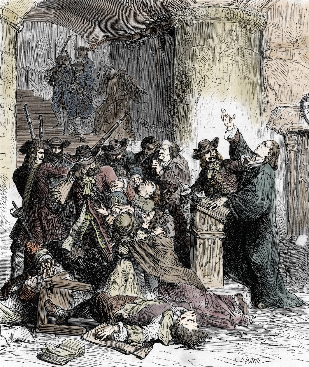 حظر مقدمات واعتقال البروتستانت بعد إلغاء تحرير دي نانت (التنين تحت حكم لويس الرابع عشر (1681-1686): الجنود الكاثوليك (التنانين) ذبحوا البروتستانت. القرن التاسع عشر (نقش) بواسطة فنان غير معروف