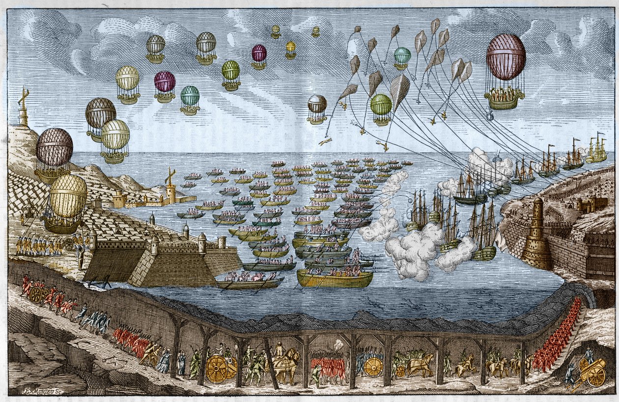 مشروع هجوم (غزو) ضد إنجلترا عام 1803 بواسطة نابليون الأول - تمشي القوات الفرنسية عبر نفق القنال بينما تهاجم السفن والبالونات عن طريق البحر والجو - نقش عام 1803 بواسطة فنان غير معروف