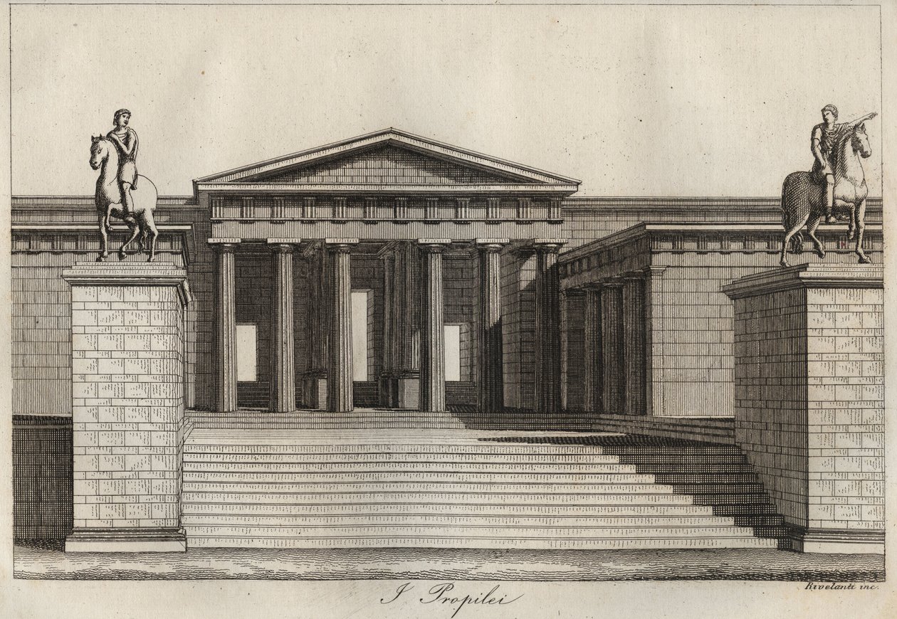 Propylees (Propylaea) (أكروبوليس أثينا) نقش من "" استخدامات وعادات جميع شعوب الكون. أي تاريخ الحكومة ، والقوانين ، والميليشيات ، ودين جميع الأمم من أبعد الأوقات حتى يومنا هذا "1856 بواسطة فنان غير معروف