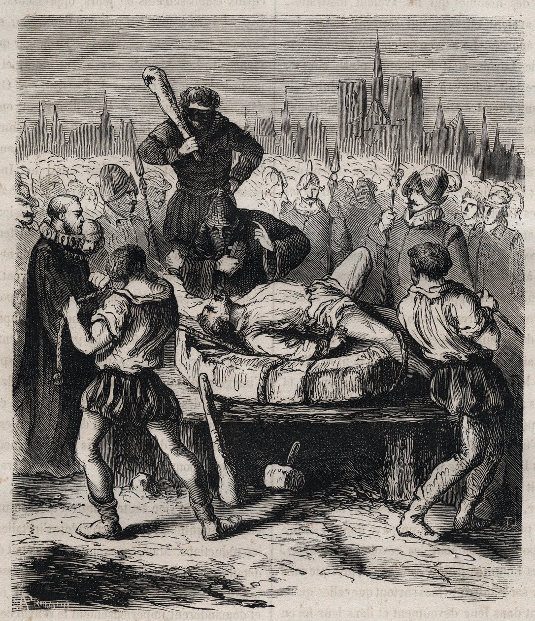 معاقبة فرانسوا رافايلاك (1578-1610) قاتل الملك هنري الرابع (1553-1610) في ميدان دي جريف في باريس عام 1610 - نقش 1879 في "تاريخ المجتمعات السرية والسياسية والدينية" بقلم بيير زكون (1817-1895) بواسطة فنان غير معروف