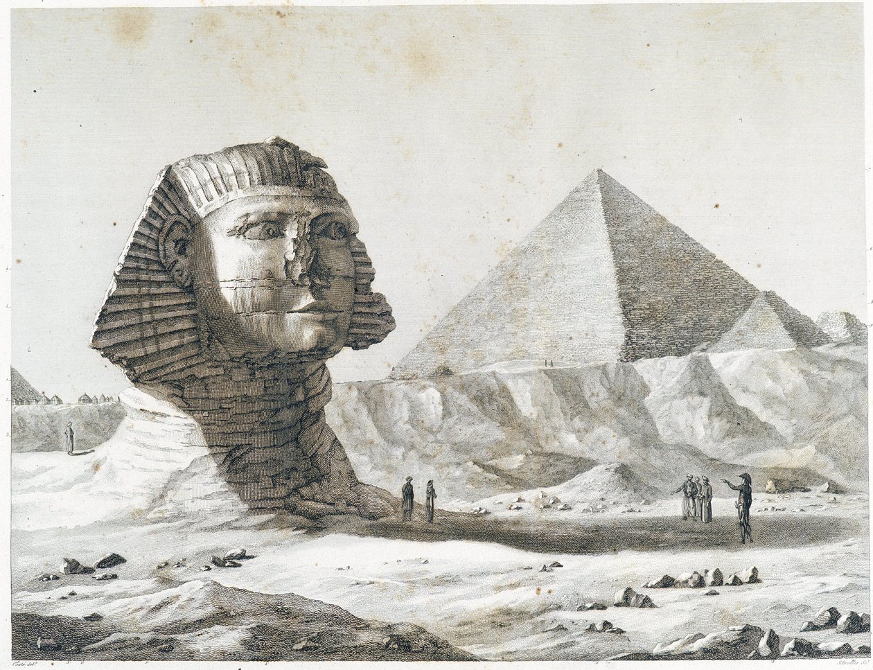 أهرامات الجيزة: منظر لأبي الهول والهرم الأكبر ، مأخوذ من الجنوب الشرقي - في "" وصف مصر "، الطبعات الإمبراطورية بواسطة فنان غير معروف
