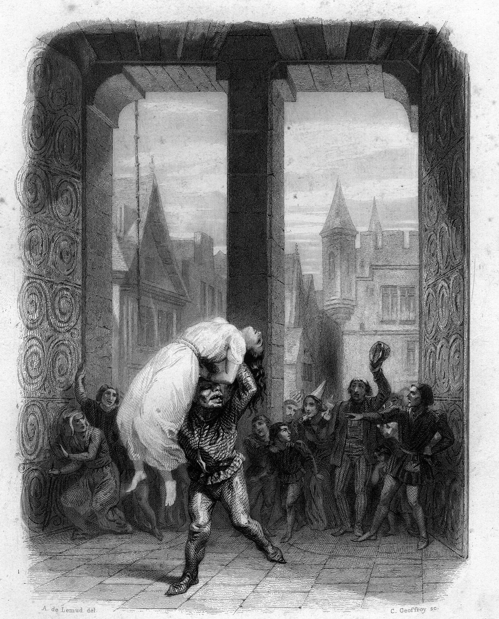 Quasimodo ينقذ إزميرالدا. رسم توضيحي لعام 1844 لنوتردام دي باريس بقلم فيكتور هوغو. بواسطة فنان غير معروف