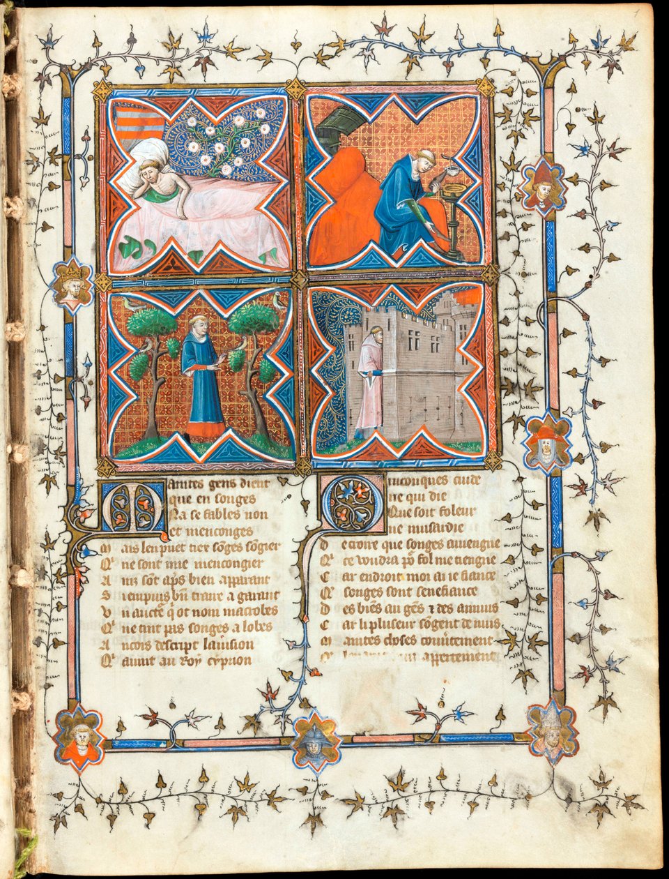 "" أربعة رجال مشغولون بأنشطة مختلفة "" صفحة مضيئة من مخطوطة "Le Roman de la Rose" بقلم Guillaume de Lorris (حوالي 1200-1238) و Jean de Meun (Meung) (1240-1305) حوالي 1353 سويسرا ، مكتبة جنيف بواسطة فنان غير معروف