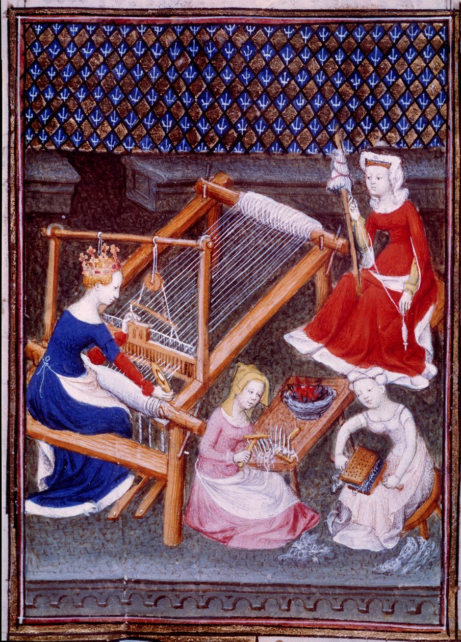 الملكة تاناكيل ، زوجة الملك الروماني تاركوين الأكبر ، نسج مصغرة مستمدة من "" De mulieribus claris "" "(النساء الخفيفات والنبيلات)" "لجيوفاني بوكاتشيو (بوكاتشيو) (1313-1373) بواسطة فنان غير معروف