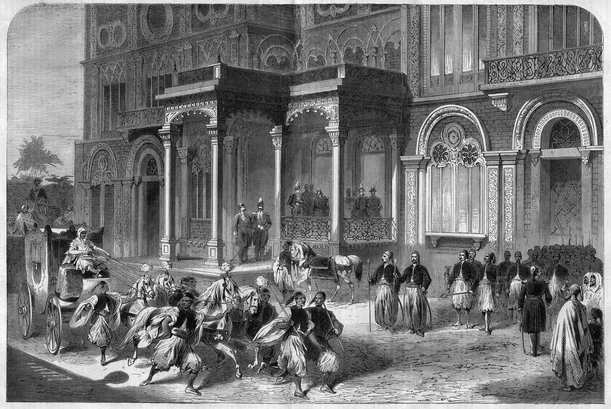 استقبال نائب ملك مصر إسماعيل باشا (1830-1895) القنصل العام لاتحاد شمال ألمانيا. نقش في "" الكون اللامع "" بواسطة فنان غير معروف