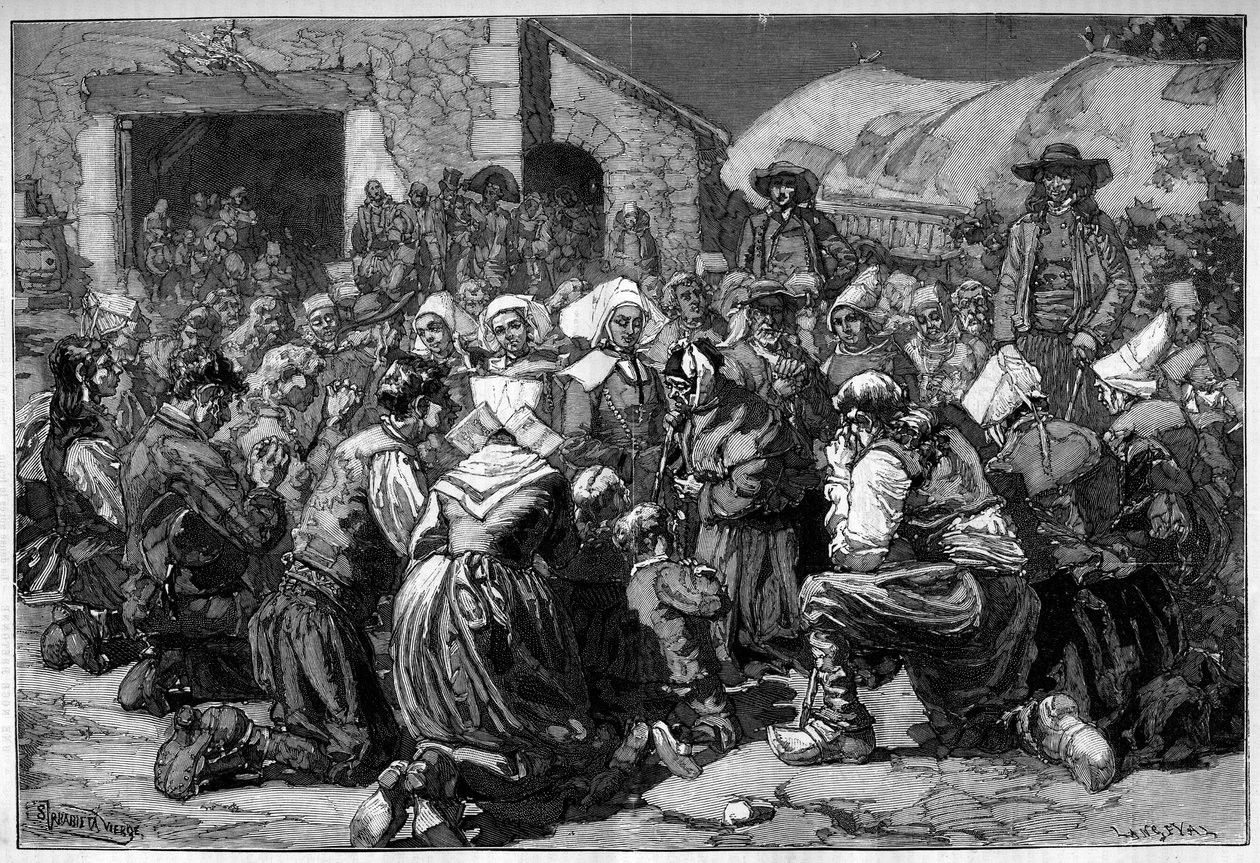 العرف الإقليمي لفرنسا ، زواج بريتون: صلاة المتسولين للزوجين. نقش في "" Le Monde Illustré "" بواسطة فنان غير معروف