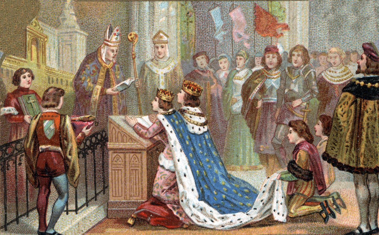 علاقة بريتاني بفرنسا: تزوج لويس الثاني عشر (1462-1515) من آن دي بريتاني (1477-1514). جمع شمل زواجهم بريتاني مع فرنسا (1499). Chromolitography أواخر القرن التاسع عشر. بواسطة فنان غير معروف