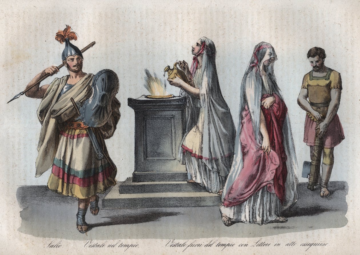 الدين في روما القديمة - Salii (كهنة قافزين) و Vestals أو Vestal Virgins - نقش من عادات وتقاليد جميع شعوب الكون. هذا هو تاريخ الحكومة ، والقوانين ، والميليشيا ، ودين جميع الأمم من أقصى النائية بواسطة فنان غير معروف