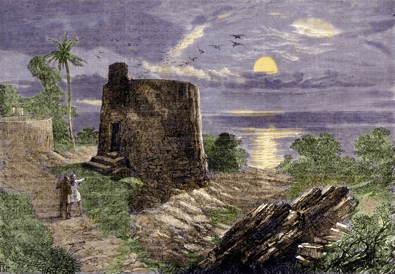 دين الفرسيس (أتباع زرادشت (زرادشت ، زاراثشترا ، زرادشت أو زرادشت)): تتمثل طقوس الجنازة في وضع جثث المتوفى في برج ، برج الصمت ، حيث تلتهمهم النسور. منطقة مالابار بواسطة فنان غير معروف