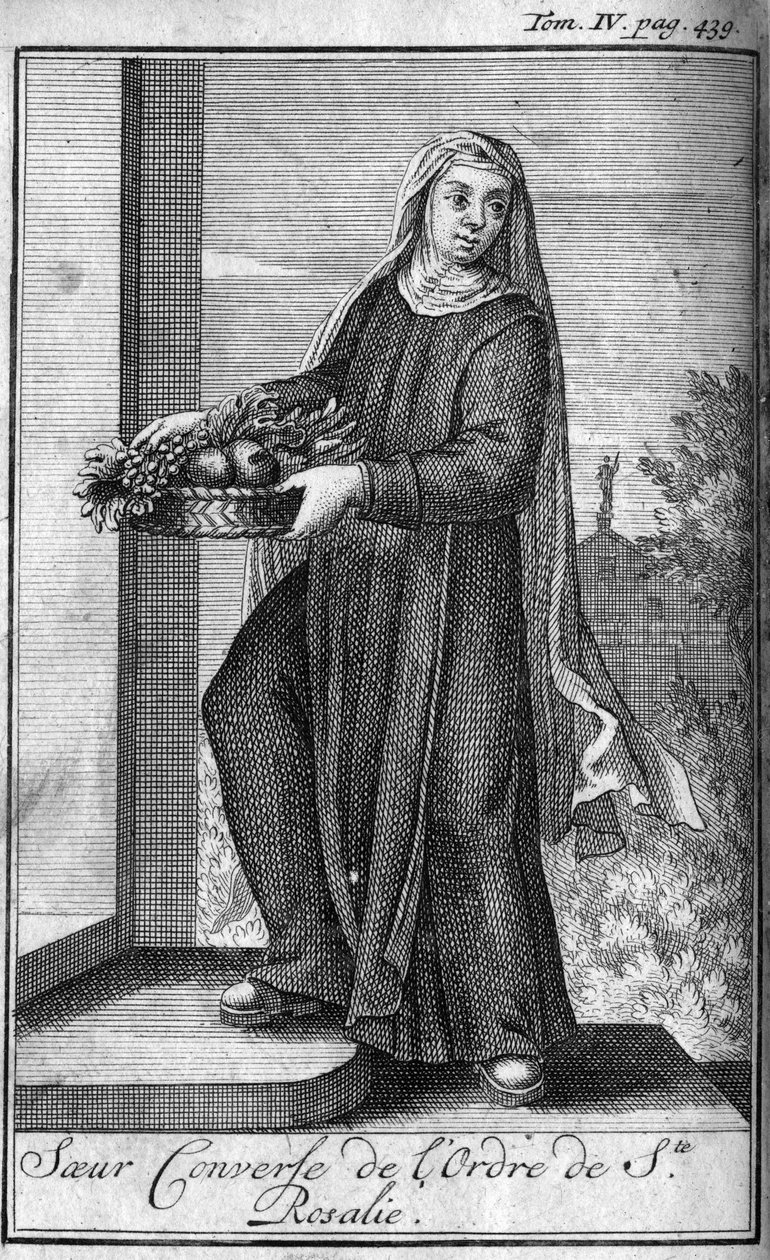 النظام الديني. أخوات يتحدثن من رهبانية سانت روزاليا إلى باليرمو في صقلية في القرن السابع عشر. في "" تاريخ الأوامر العسكرية أو الفرسان ، للميليشيات الآمنة والروتينية من كلا الجنسين ، والتي تم تأسيسها حتى الآن. الطبعة مأخوذة بواسطة فنان غير معروف