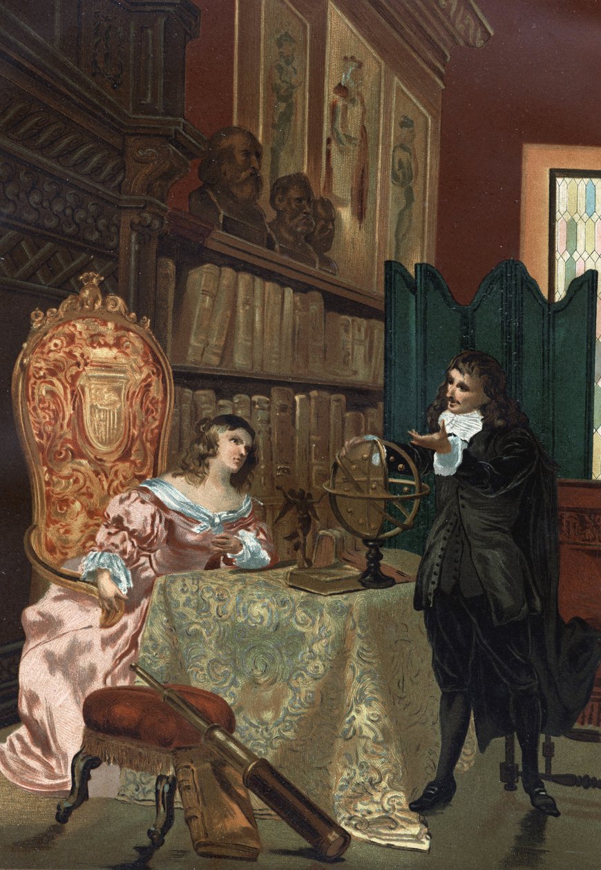 رينيه ديكارت (1596-1650) يعطي دروسًا في الفلسفة للملكة كريستين ملكة السويد (1626-1689) ، حوالي 1649-1650 بواسطة فنان غير معروف