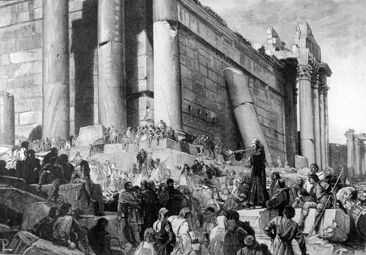 تمثيل أرنود دي بريشيا (أرنالدو دا بريشيا) (1090 - 1155) ، مصلح سياسي وديني إيطالي ، أثناء الوعظ. في عام 1145 ، بشر في روما بالثورة ضد البابا يوجين الثالث ، الذي طرد وسعى لاستعادة الجمهورية الرومانية بواسطة فنان غير معروف