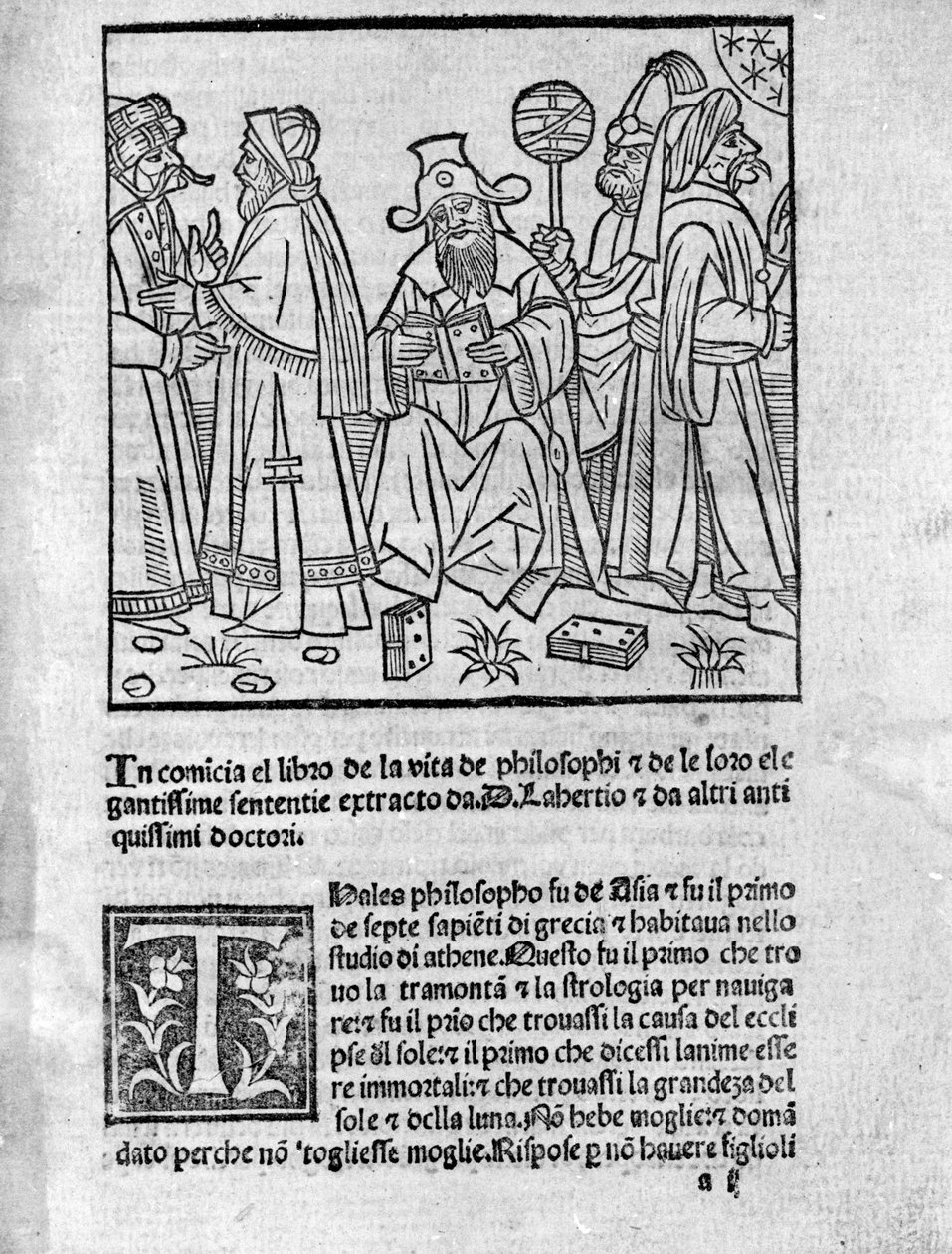 تمثيل Diogene Laerce (120-240) (في الوسط) يحيط بمفكرين وفلاسفة مختلفين صفحة مأخوذة من "" حياة ومذاهب وجمل الفلاسفة اللامعين "" (Vitae Philosophorum) للشاعر والمؤرخ ديوجين لارس (120-240) 1495 بواسطة فنان غير معروف