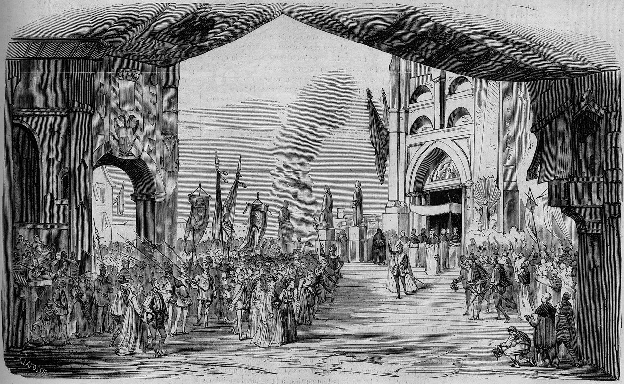 تمثيل أوبرا دون كارلو (دون كارلوس) في 5 أعمال لجوزيبي فيردي في أوبرا باريس في 11 مارس 1867. سيارة دا في ، الفصل الثالث ، ديكور كامبون وتيري. نقش من عام 1867. بواسطة فنان غير معروف
