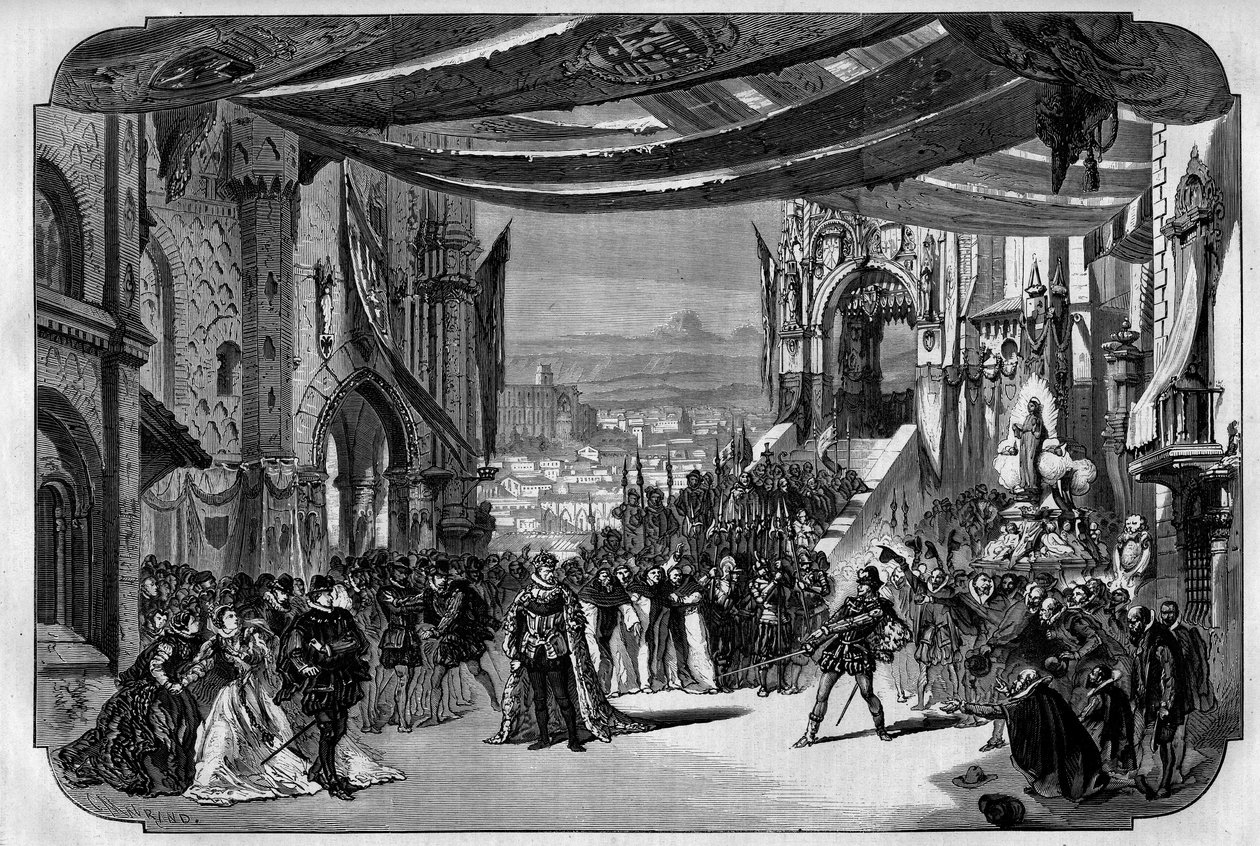 تمثيل أوبرا دون كارلو (دون كارلوس) في 5 أعمال لجوزيبي فيردي في أوبرا باريس في 11 مارس 1867. في رسم نوفيل ، الفصل الثالث ، اللوحة الرابعة ، المشهد التاسع. بواسطة فنان غير معروف