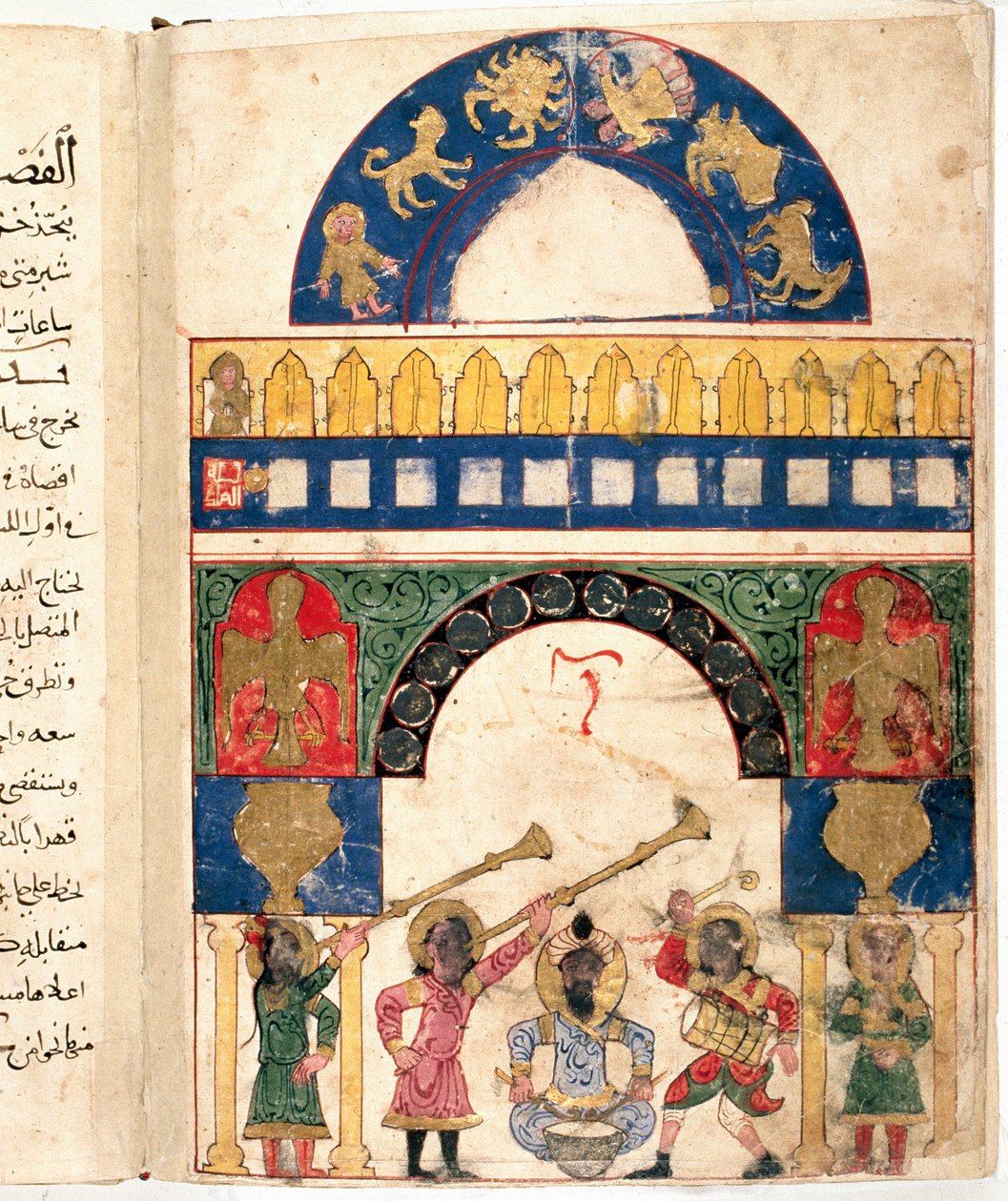 تمثيل لساعة مائية (ساعة) صممها المهندس التركي ابن الرجاج الجزري (الرجاج الجزري) (1136-1206) وتقويم. يميز دائرة البروج والشمس والقمر بواسطة فنان غير معروف