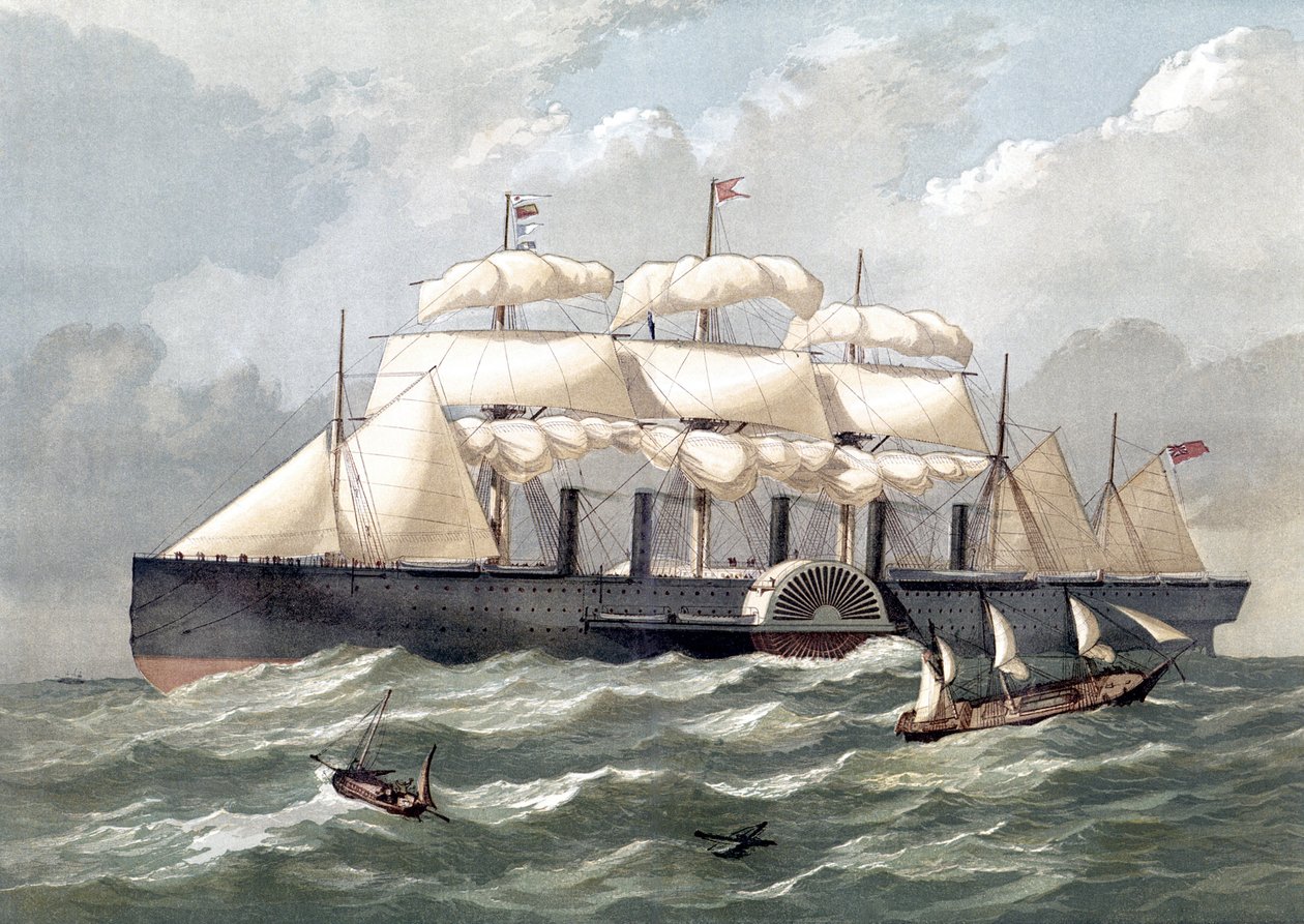 تمثيل للسفينة البريطانية Great Eastern ، أول سفينة عملاقة ، افتتحت في عام 1858 صممها Isambard Kingdom Brunel (سفينة بخارية إبحار من الحديد الشرقي العظيم صممها Isambard Kingdom Brunel) - القرن التاسع عشر بواسطة فنان غير معروف
