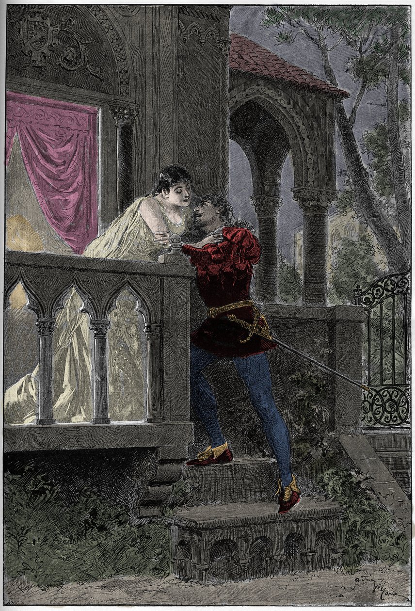 تمثيل أوبرا "روميو وجولييت" لهيكتور بيرليوز يلعب في أوبرا باريس. نقش من عام 1888. بواسطة فنان غير معروف