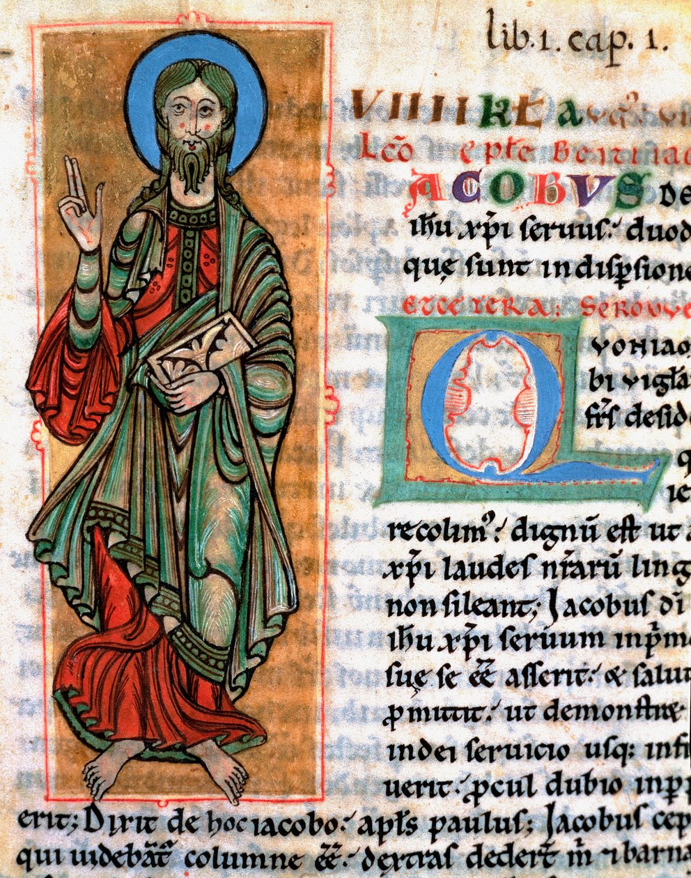 تمثيل الرسول القديس يعقوب المصغر الرئيسي مأخوذ من "Codex Calixtinus" (كتاب سانت جيمس) ، حوالي 1140. Fol. 4. أرشيفات كاتدرائية سانتياغو دي كومبوستيلا (سانتياغو دي كومبوستيلا) ، إسبانيا بواسطة فنان غير معروف