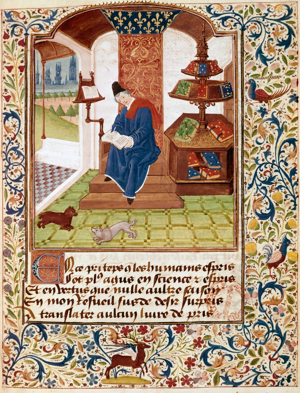 تمثيل المؤلف يكتب في مكتبه صورة مصغرة من "زهور جميع الفضائل" أو "مسبحة الفضائل" (Ms 291) 1460 Musee Conde، Chantilly بواسطة فنان غير معروف
