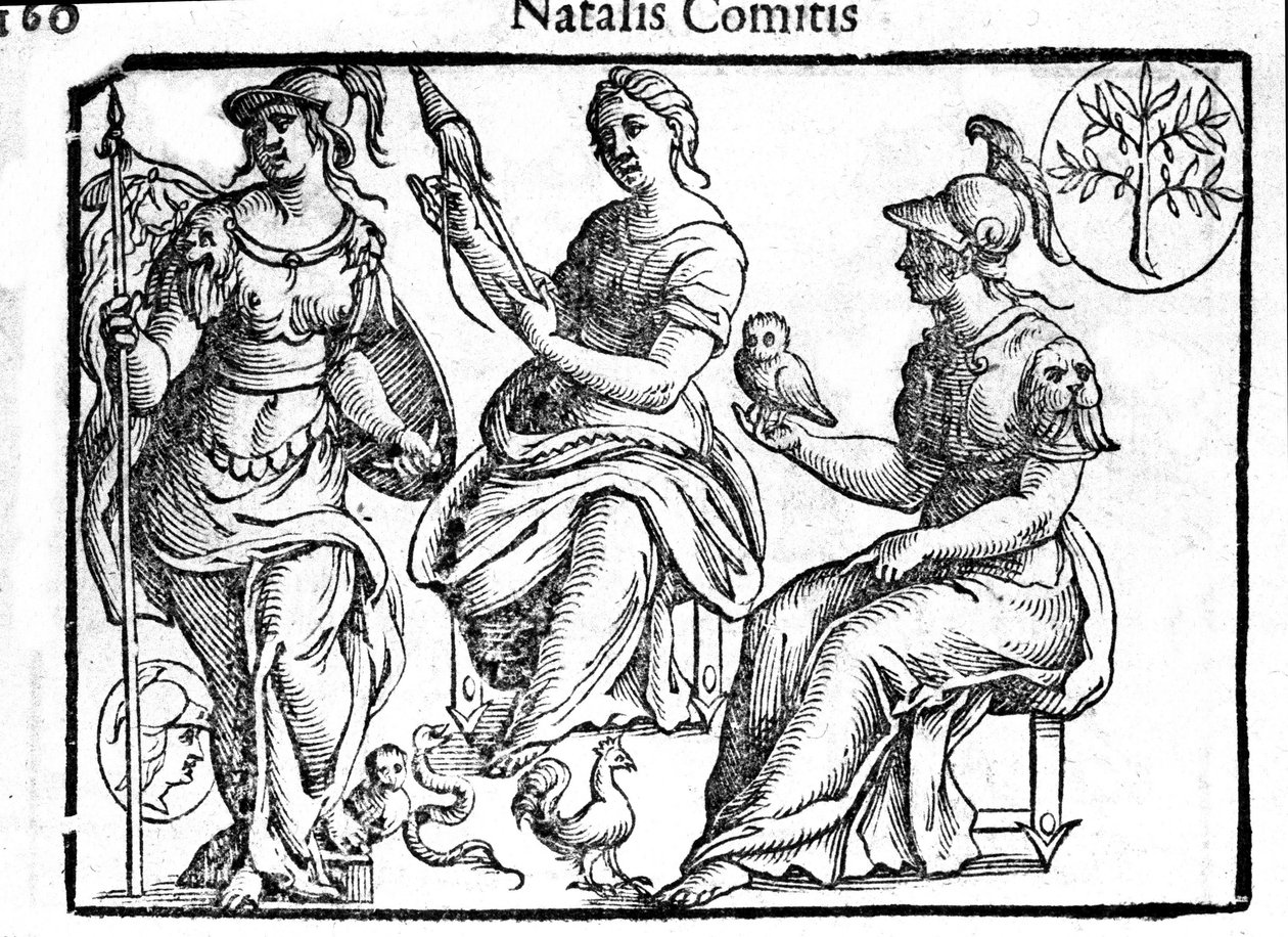 تمثيل إلهية أثينا. نقش "Mythologiae أو توضيحات للمسرحية" أعط عددًا من أعياد الميلاد. 1637. بواسطة فنان غير معروف